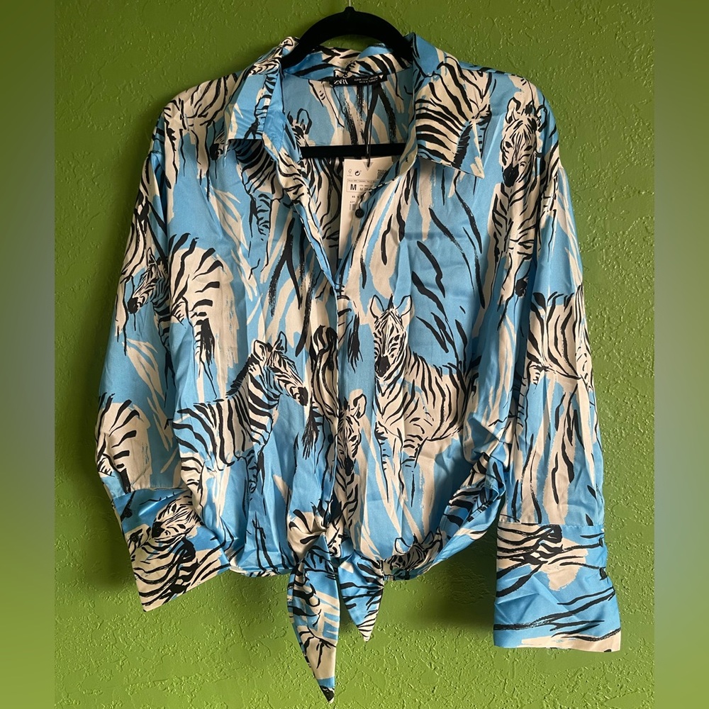 Zara Blue & White Zebra Printed Pattern Front Tie Crop Blouse NEW W/TAG